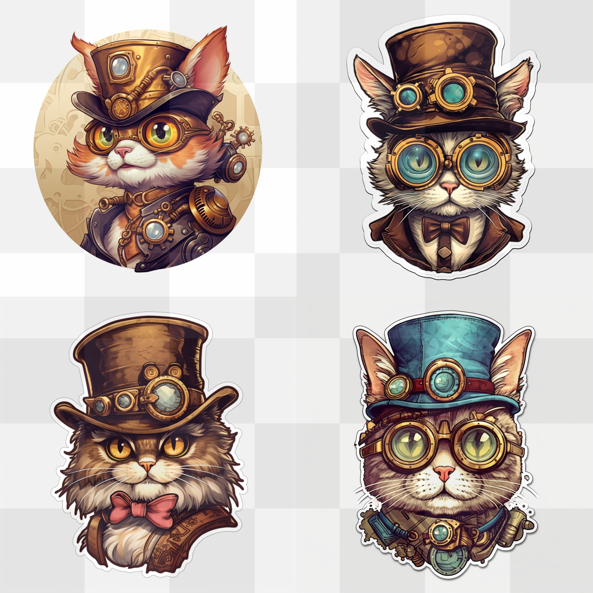 Explore a fascinating fusion of cute animated cats and the captivating world of Steampunk with our unique sticker collection in PNG format. Free...