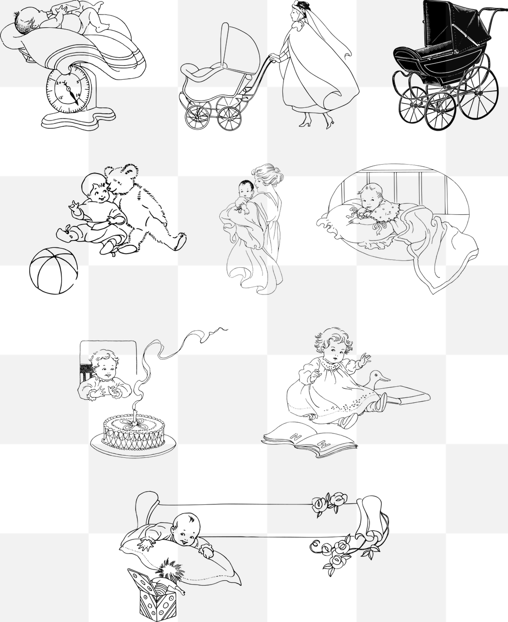 Download Free Vintage Baby Line Art PNG Images with Transparent Background, Ideal for Happy Birthday Banners and Advertising Graphics