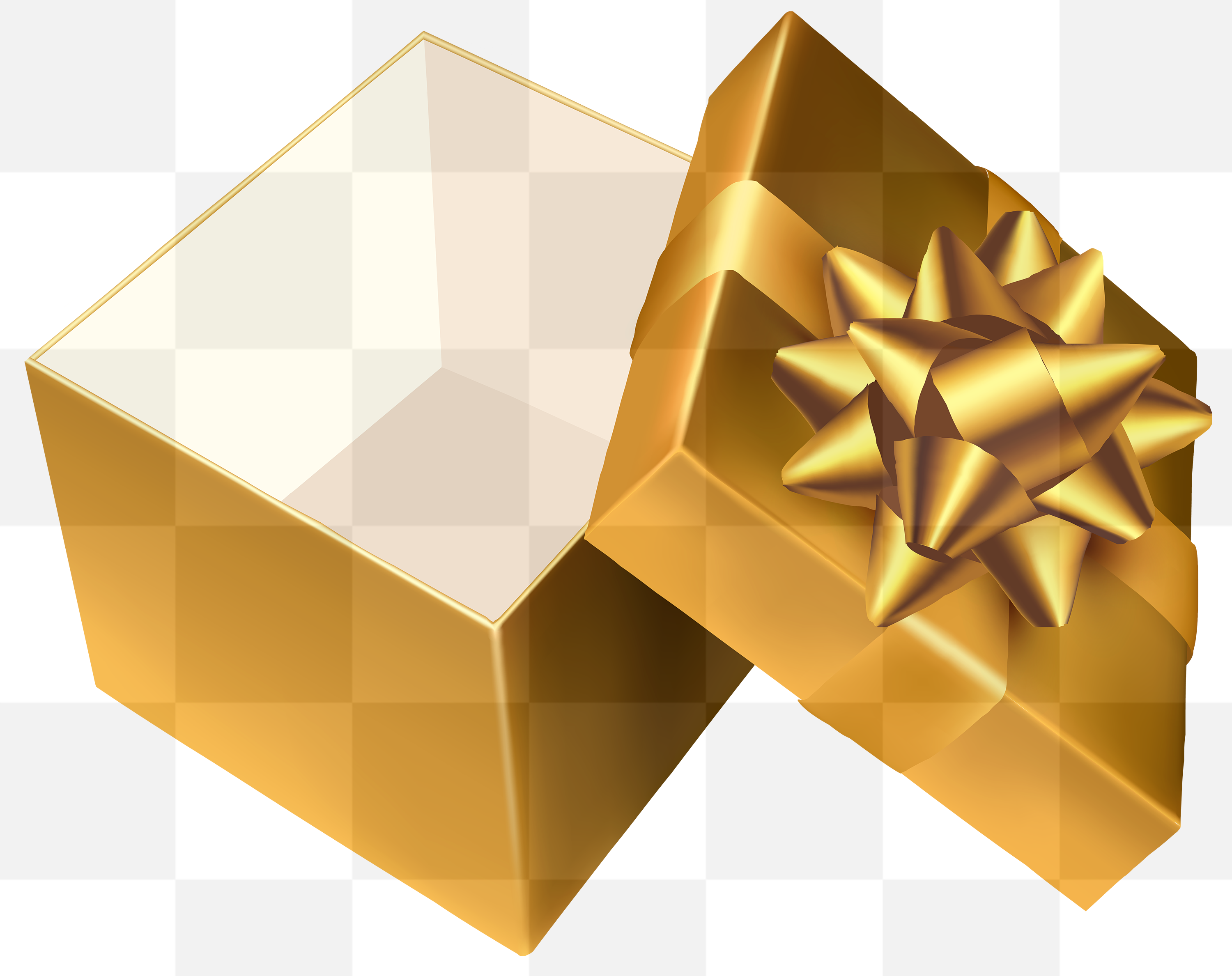 Happy New Year. Large gold gift box with lid. Christmas gift. Golden Gift Box. Be happy. Merry Christmas.