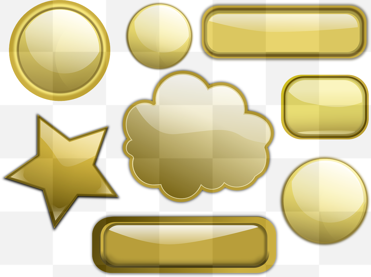 Shiny Gold Buttons and Clouds: Free PNG Images with Transparent Background for Graphic Design.