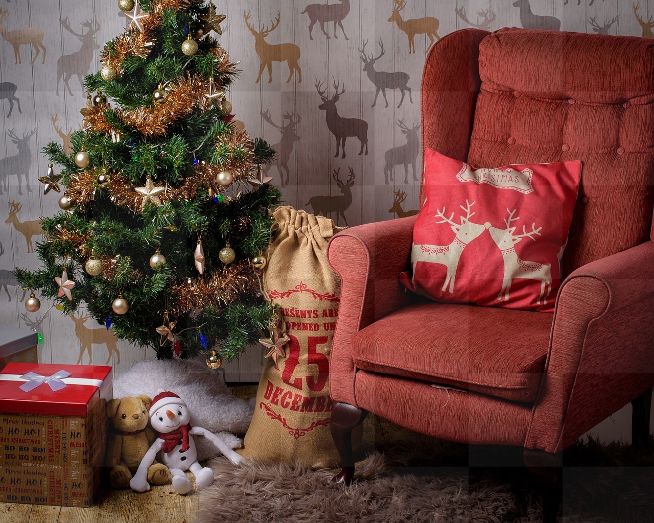 Get into the Holiday Spirit with Free Merry Christmas Room and Chair Backgrounds in JPG Format for Design and Social Media Pages