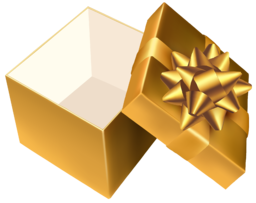 Happy New Year. Large gold gift box with lid. Christmas gift. Golden Gift Box. Be happy. Merry Christmas.