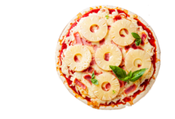 Hawaiian pizza. Hawaiian pizza is a pizza originating in Canada, and is traditionally topped with pineapple, tomato sauce, cheese, and either ham or bacon.