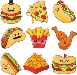 High-Quality Fast Food and Meal Cartoon PNG Images with Transparent Background for Graphic Design and Advertising